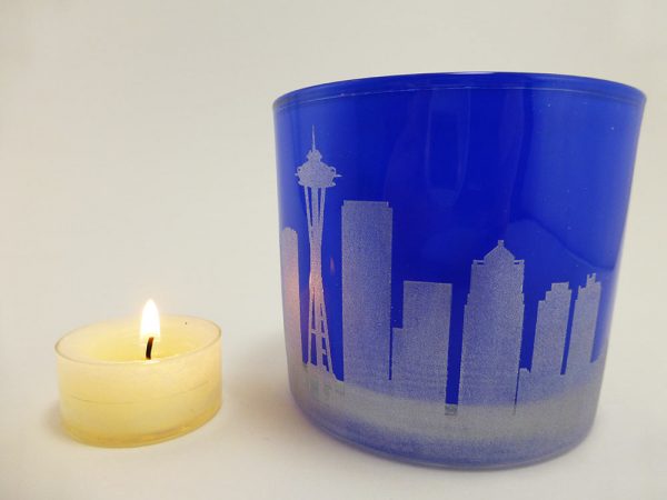 Blue Candle Holder with Seattle Skyline Engraved